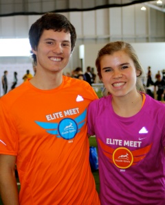 Emerging Elite: Connor Mora '13 and Kenzie Weiler '15 wearing their Elite Meet shirts. They performed well against the elite fields.
